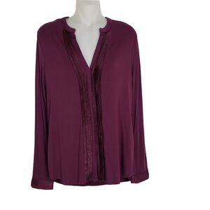 Cupio Womens Top Small Raspberry Pleats Long Sleeve Split V Neck Viscose Stretch